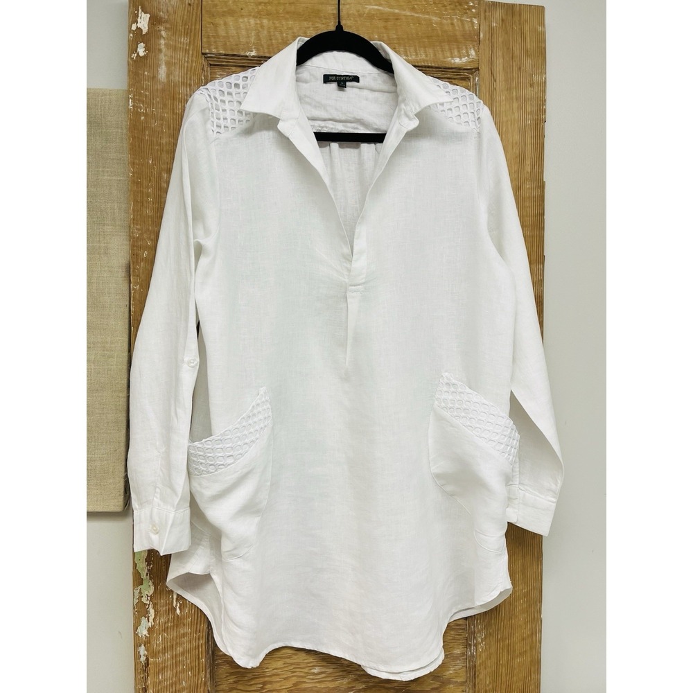 For Cynthia M White Linen Tunic Blouse Lagenlook Boho Gypsy Fisherman Minimalist